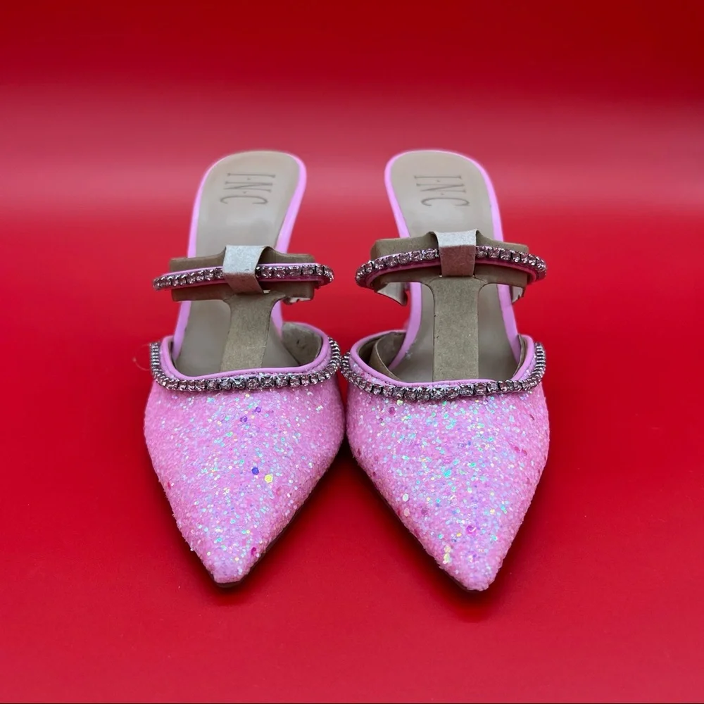 INC International Concepts Gylana Pink Glitter Mule Heels/Rhinestone Straps - Picture 12 of 15